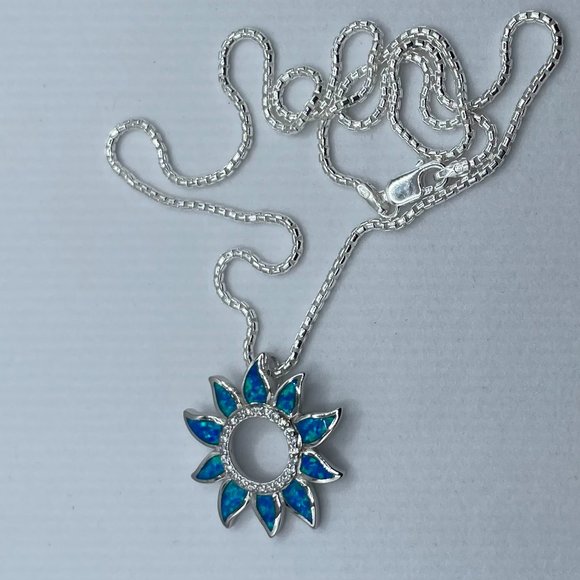 Jewelry Sunflower Lab Blue Opal Cz Sterling Silver Necklace Sunflower